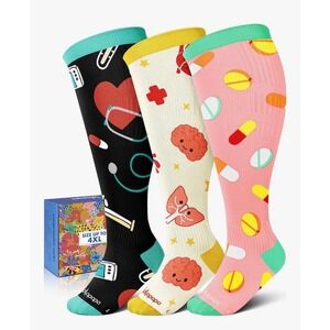 Lalapapa 3 Pack Extra Wide Calf Compression Socks 3XL Medical Theme New